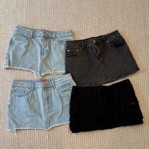 4 Edikted Mini Skirts in Light Blue, Dark Gray, and Black